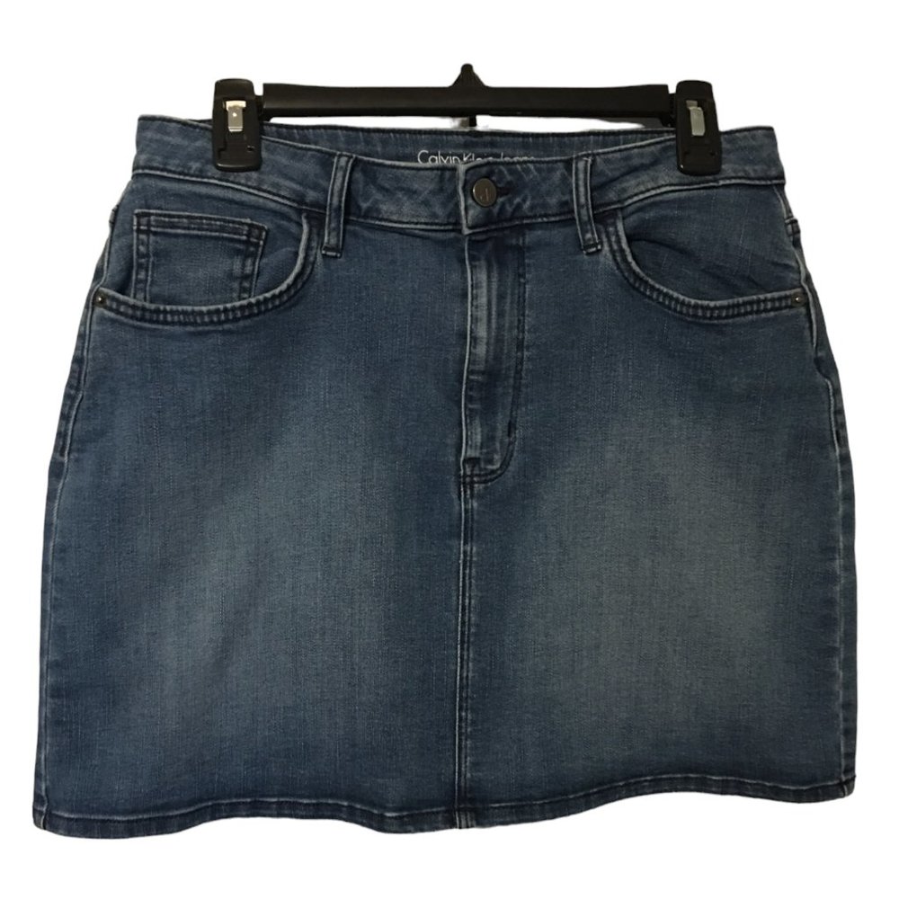 Calvin Klein Denim Mini Skirt with Pockets, Size 12